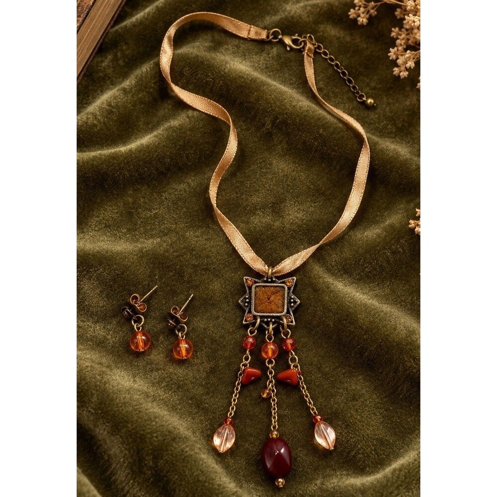 Vintage 90s Satin Ribbon Pendant Necklace & Matching Bead Earrings Boho Set Y2K